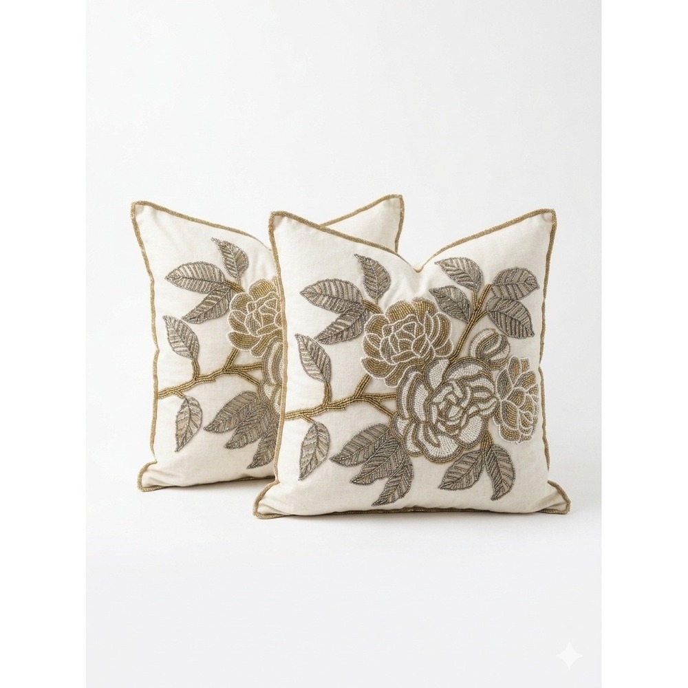 Set of 2 Pier 1 Imports Luxury Hand Beaded Floral Rose Pillow Covers Gold Silver